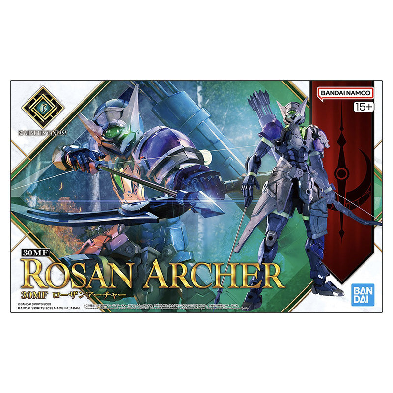 Maquette 30 Minutes Fantasy 30MF Rosan Archer en armure violette et noire, tenant un arc avec carquois dans le dos sur fond blanc.