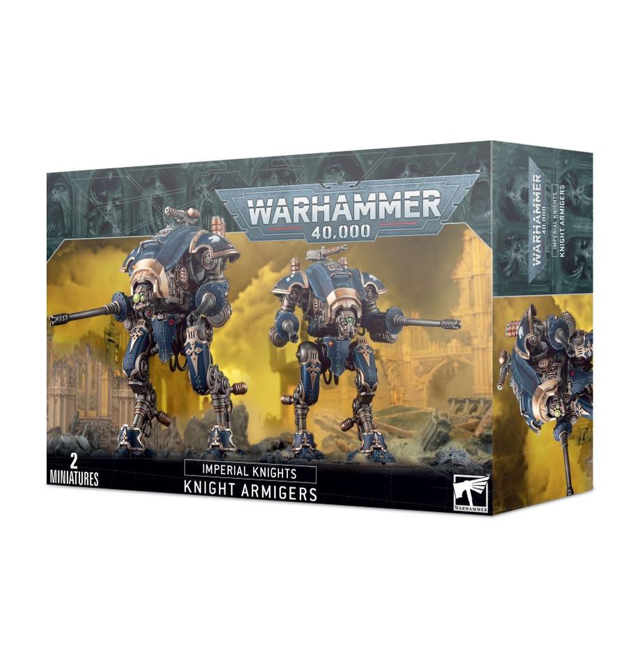 Boîte des Knight Armigers pour Warhammer 40,000. Ce kit permet de monter deux Imperial Knights légers, avec diverses options d’armement pour une personnalisation maximale.