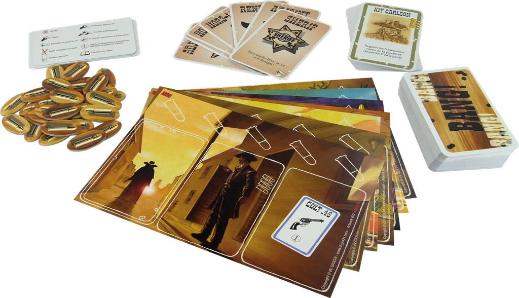Boîte du jeu de cartes Bang! de Emiliano Sciarra, avec packaging effet bois, grand logo rouge Bang!, affiche de cowboy recherché et étoile de shérif indiquant 500 000 exemplaires vendus.