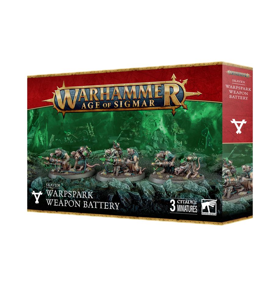 Boîte Skaven Warpspark Weapon Battery Warhammer Age of Sigmar avec 3 équipes d’artillerie malepierre
