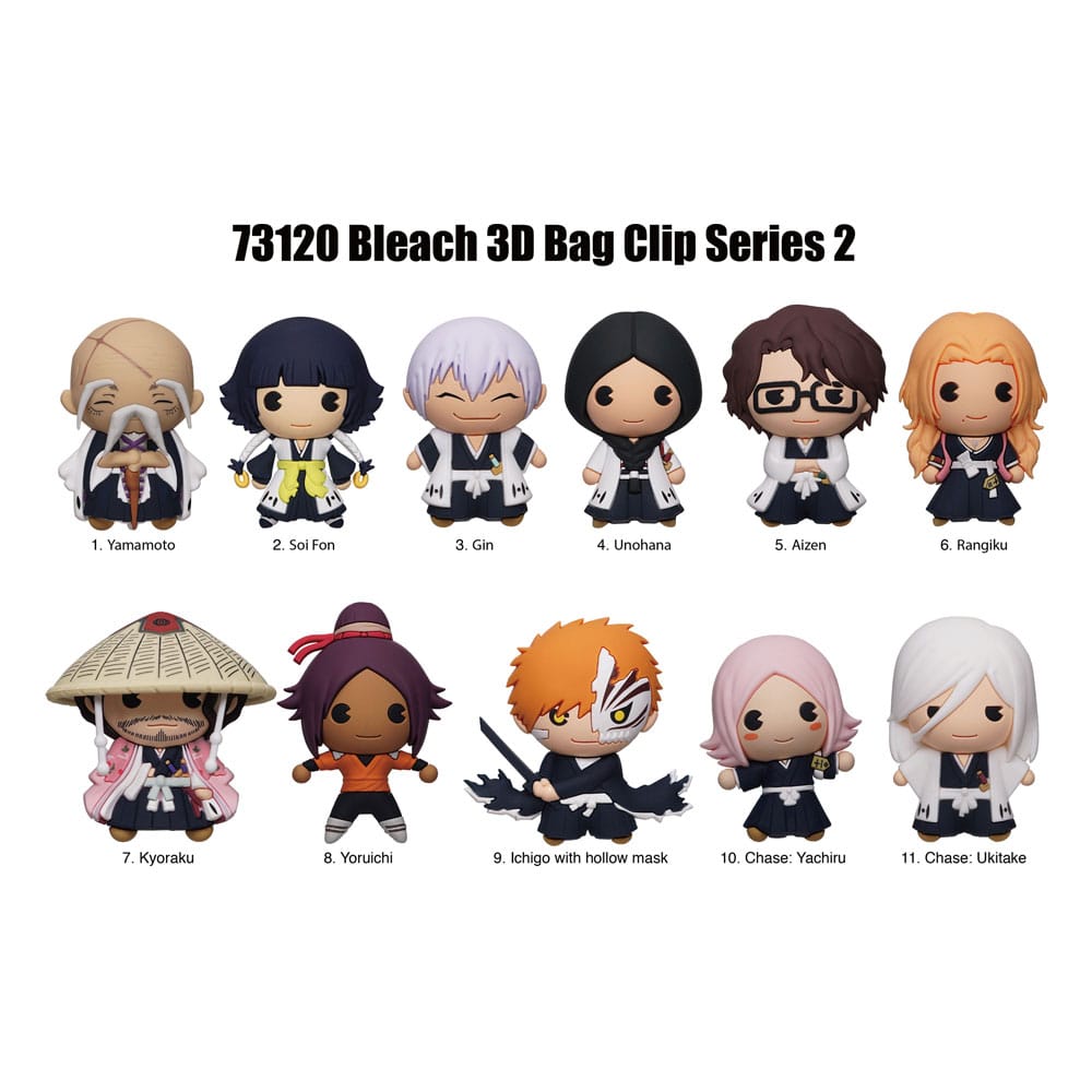 Visuel Bleach Figural Bag Clip Series 2 avec plusieurs personnages chibi de Bleach, vendu en sachet mystère avec un modèle aléatoire.
