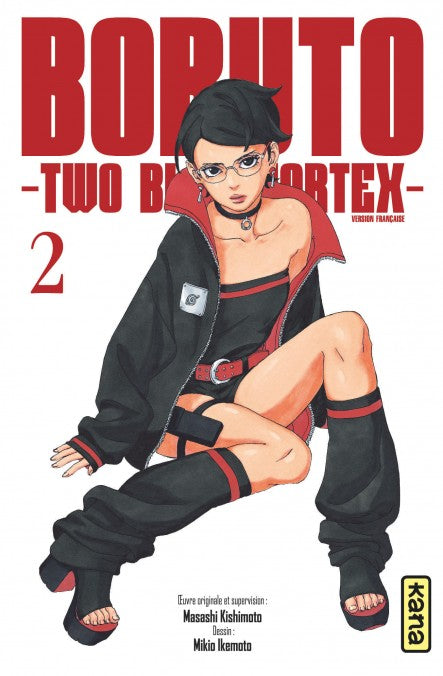 manga Boruto: Two Blue Vortex tome 2, mettant en avant Sarada Uchiha en tenue sombre, assise avec un regard déterminé, sur un fond blanc avec un titre rouge.