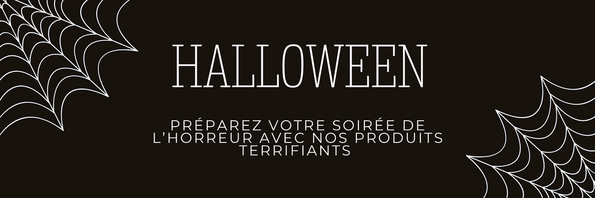 Banderole Halloween mettant en avant des produits terrifiants.