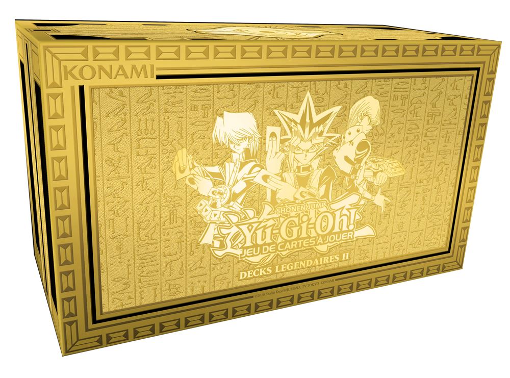 Coffret collector Yu-Gi-Oh! Decks Légendaires II en finition dorée, avec Yugi, Kaiba et Joey en illustration.
