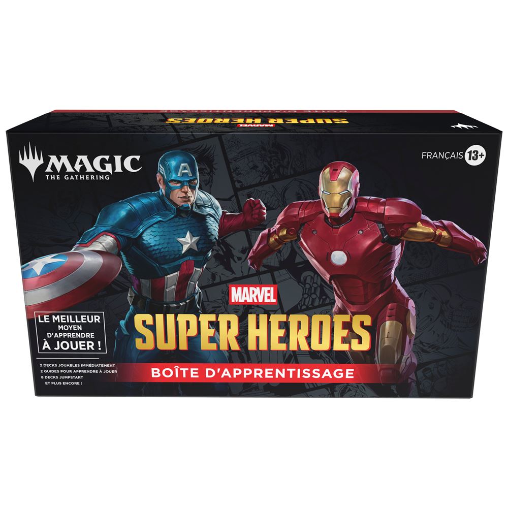 Boîte d’apprentissage Magic: The Gathering Marvel Super Heroes en français avec Captain America et Iron Man sur le coffret.