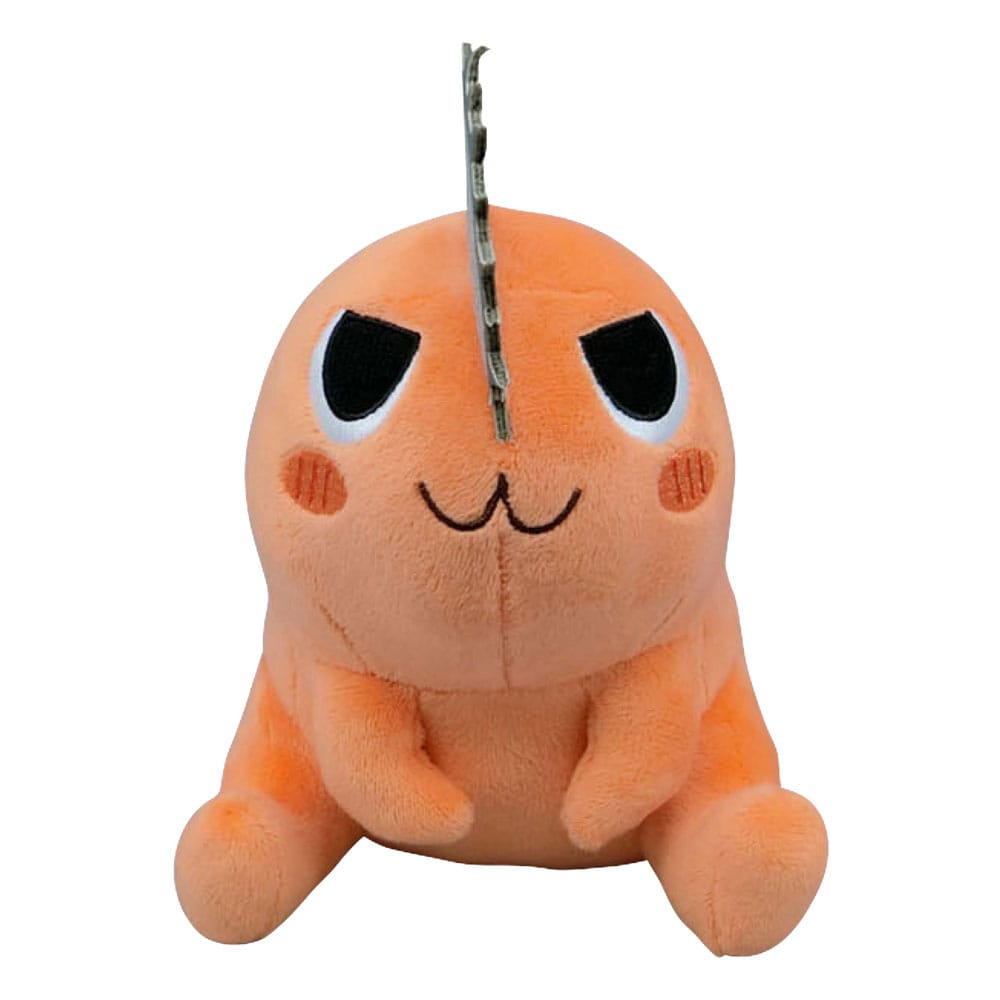 Peluche Pochita assise version Naughty de Chainsaw Man, 20 cm, avec expression espiègle et scie frontale.