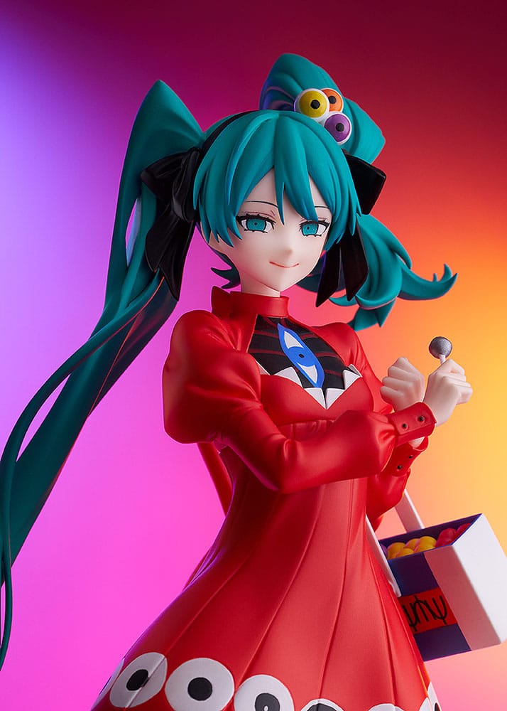 Figurine Hatsune Miku Pop Up Parade Psi Ver. L Size avec robe rouge et longs cheveux turquoise.
