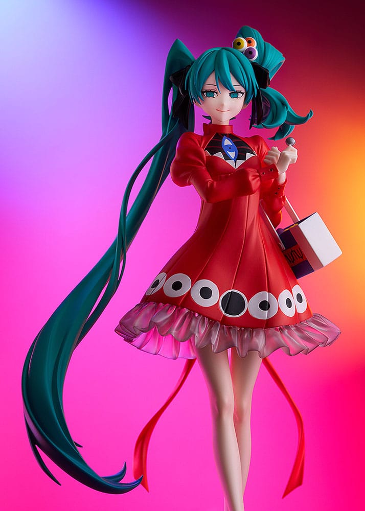 Figurine Hatsune Miku Pop Up Parade Psi Ver. L Size avec robe rouge et longs cheveux turquoise.