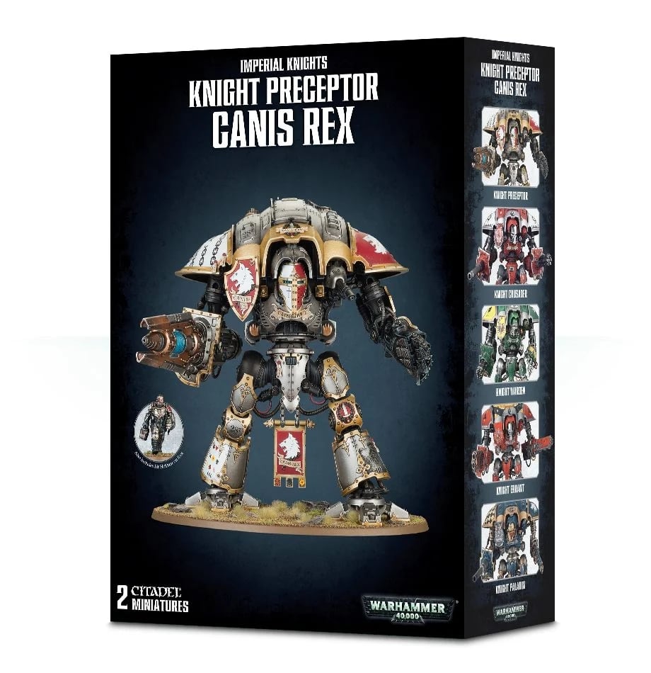 Boîte du Knight Preceptor Canis Rex pour Warhammer 40,000. Ce kit permet de monter un Imperial Knight personnalisable avec diverses options d’armement, ainsi que la figurine de Sir Hekhtur, son pilote légendaire.