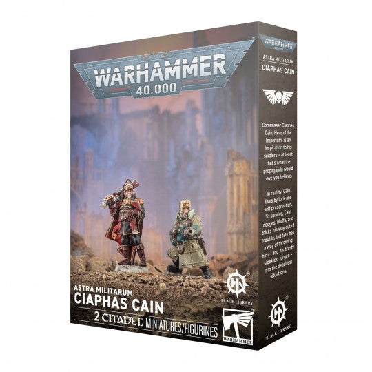 Boîte Warhammer 40,000 Astra Militarum Ciaphas Cain contenant 2 figurines Citadel, avec le commissaire Cain et son aide sur le visuel.