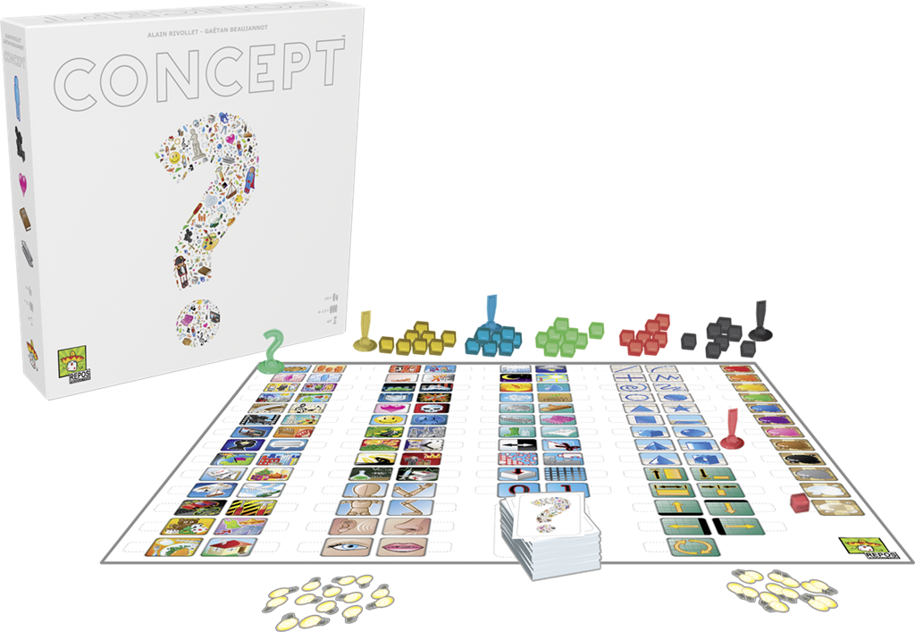 Boîte du jeu Concept blanche avec grand point d’interrogation composé de petites icônes colorées, logo Repos Production en bas.