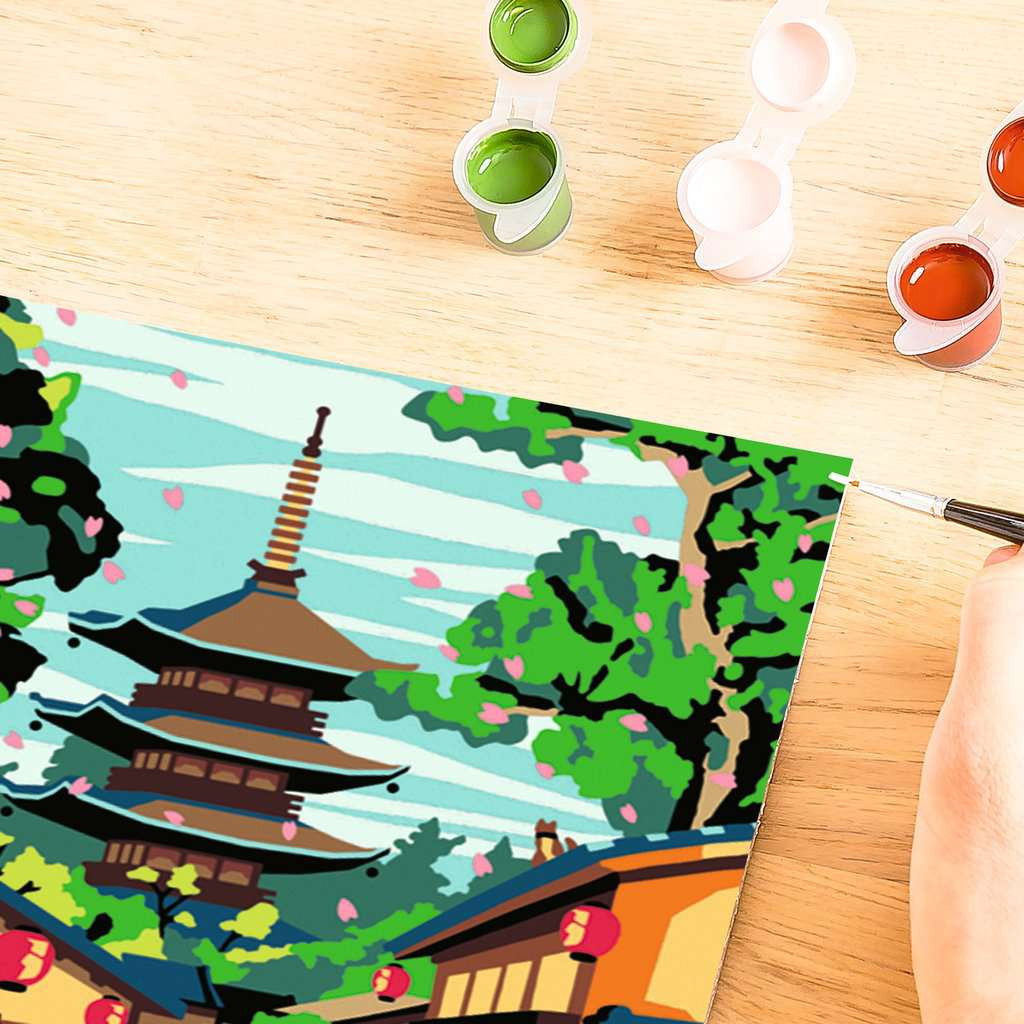 CreArt Ravensburger Adultes Tendance Japan de Batiste Perron, peinture par numéros 24 x 30 cm avec ruelle japonaise, pagode, lanternes rouges et chat.