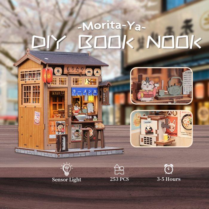 Maquette CuteBee Morita-Ya DIY Book Nook représentant une boutique japonaise de ramen miniature de 253 pièces avec lumière à capteur.