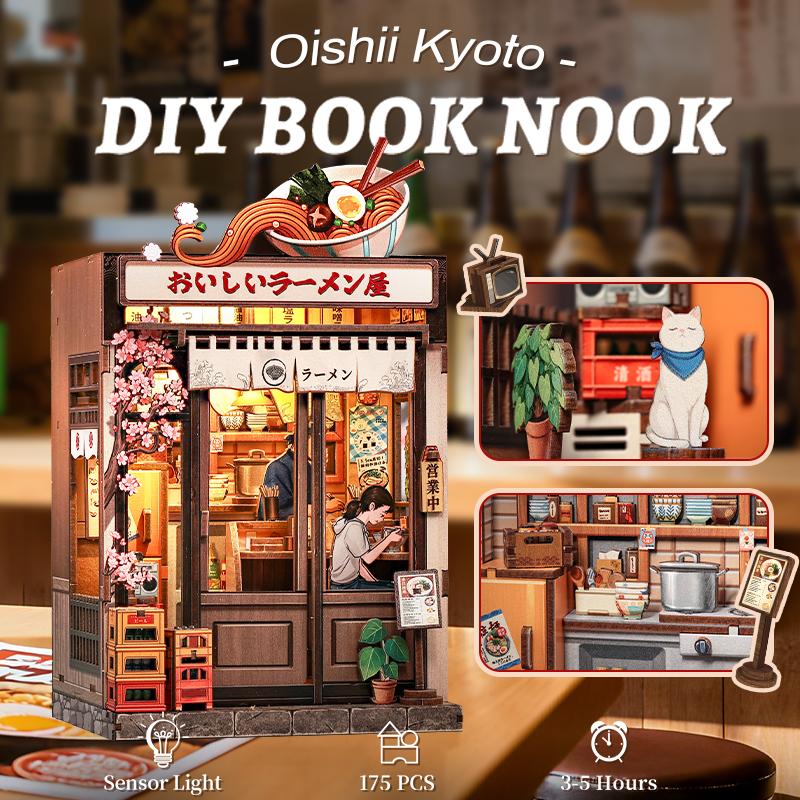 Maquette CuteBee Oishii Kyoto DIY Book Nook représentant une boutique de ramen japonaise miniature de 175 pièces avec lumière à capteur.