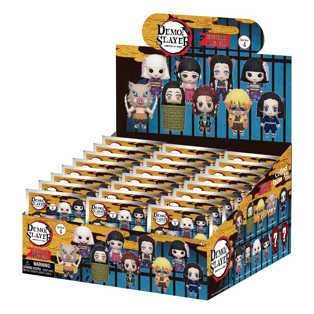 orte-clés Demon Slayer 3D Série 4 avec des mini-figurines chibi des personnages comme Tanjiro, Nezuko, Inosuke, Zenitsu et d'autres. Packaging coloré représentant la collection complète à l’avant et sur les côtés.