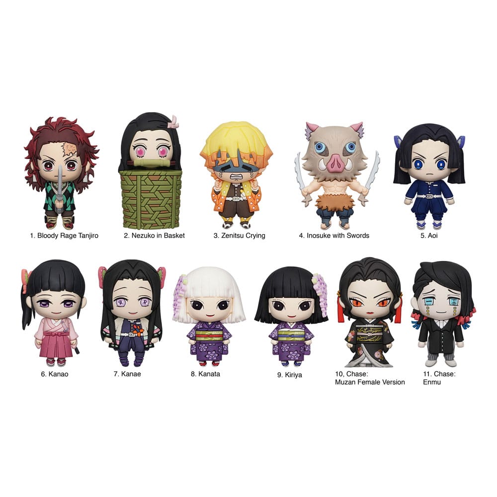 orte-clés Demon Slayer 3D Série 4 avec des mini-figurines chibi des personnages comme Tanjiro, Nezuko, Inosuke, Zenitsu et d'autres. Packaging coloré représentant la collection complète à l’avant et sur les côtés.