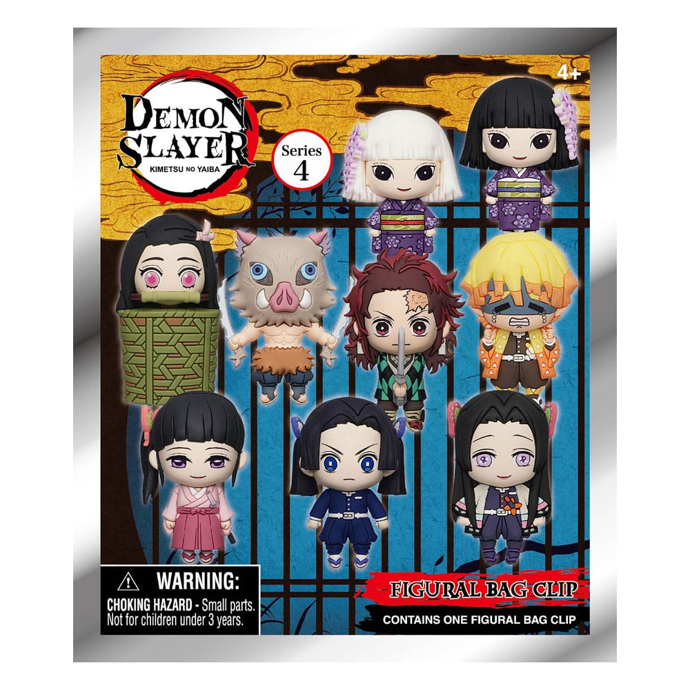 orte-clés Demon Slayer 3D Série 4 avec des mini-figurines chibi des personnages comme Tanjiro, Nezuko, Inosuke, Zenitsu et d'autres. Packaging coloré représentant la collection complète à l’avant et sur les côtés.