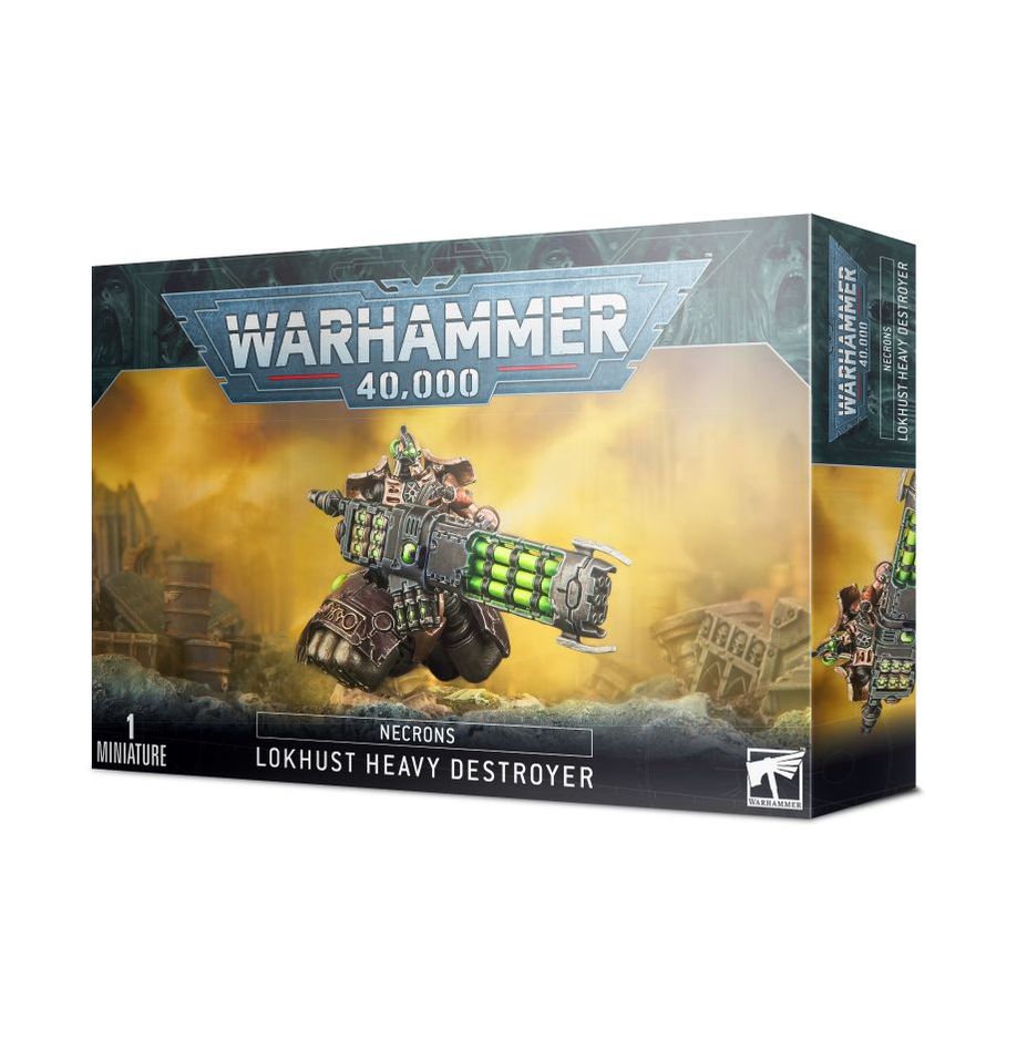 Figurine Warhammer 40K – Destroyer Lourd Lokhust des Necrons, équipé d’un canon lourd sur un châssis flottant, prêt pour le combat.