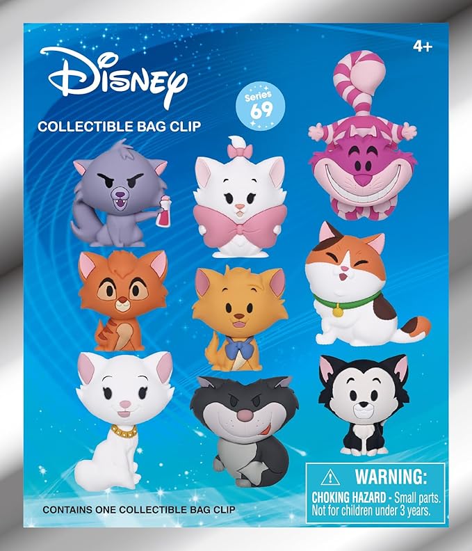 Disney Cats Collectible Bag Clip Series 69 avec plusieurs chats Disney chibi, dont Marie, Figaro et le Chat du Cheshire.