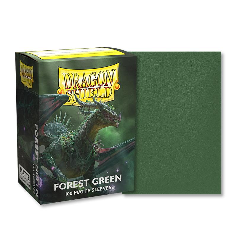 Boîte de 100 protège-cartes Dragon Shield Forest Green Matte au format standard, avec illustration d'un dragon vert sur le packaging et aperçu d'une sleeve vert forêt à finition mate.