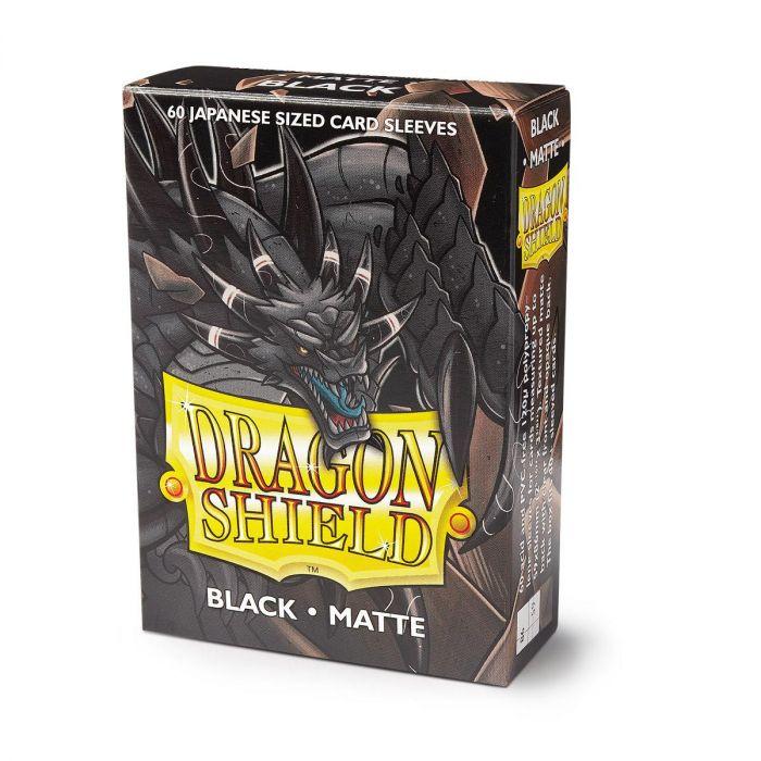 Boîte de 60 protège-cartes Dragon Shield Black Matte au format japonais Mini, avec illustration d'un dragon noir, logo Dragon Shield doré et finition noire mate pour cartes Yu-Gi-Oh!.