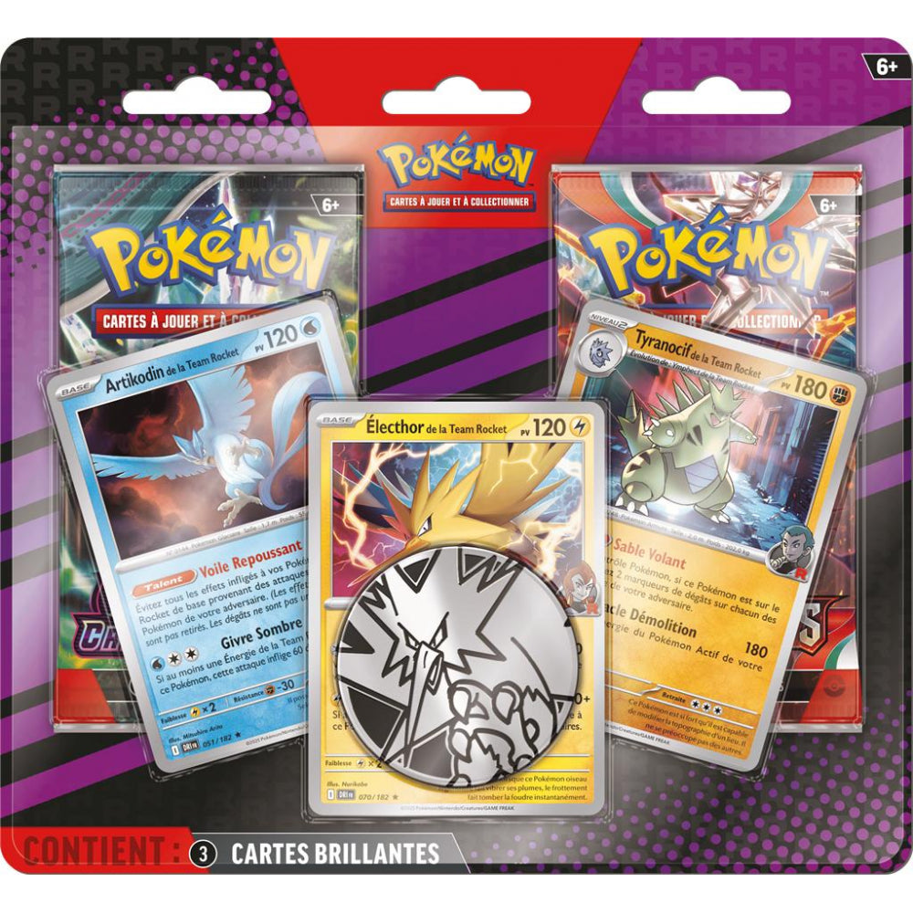 Duopack Pokémon EV03 / EV06 Team Rocket avec 2 boosters, cartes brillantes Artikodin, Électhor, Tyranocif et jeton collector.