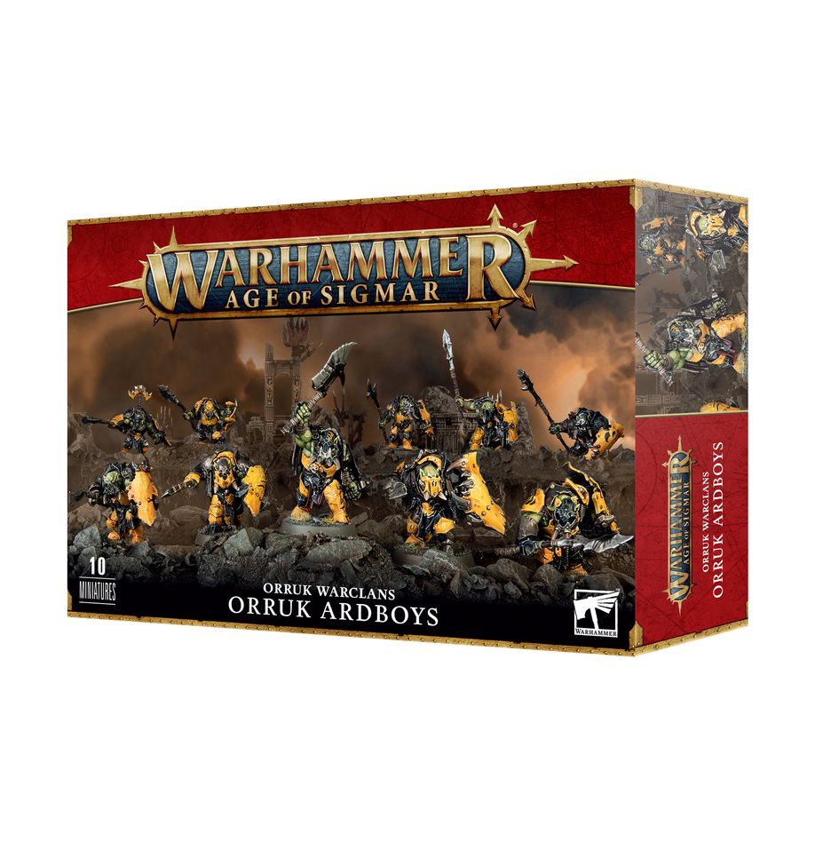 Boîte de figurines Warhammer Age of Sigmar – Orruk Warclans Ardboys. Contient 10 orruks en armure lourde pour renforcer les lignes de bataille des Ironjawz.