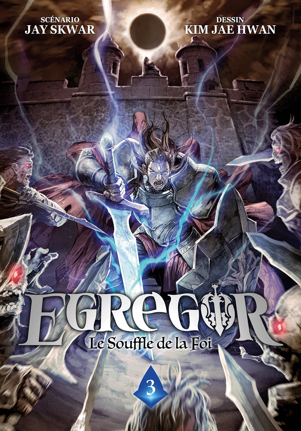 manga Egregor – Le Souffle de la Foi, mettant en scène un jeune héros déterminé entouré de mystérieux ennemis au design sombre et fantastique.