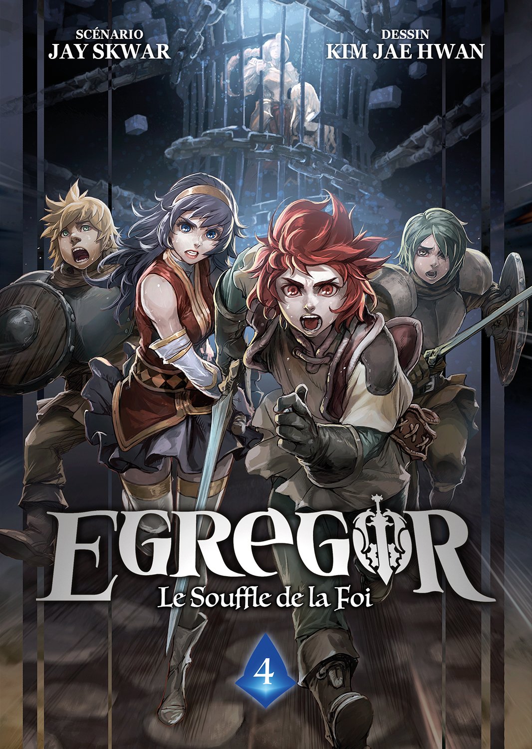 manga Egregor – Le Souffle de la Foi, mettant en scène un jeune héros déterminé entouré de mystérieux ennemis au design sombre et fantastique.