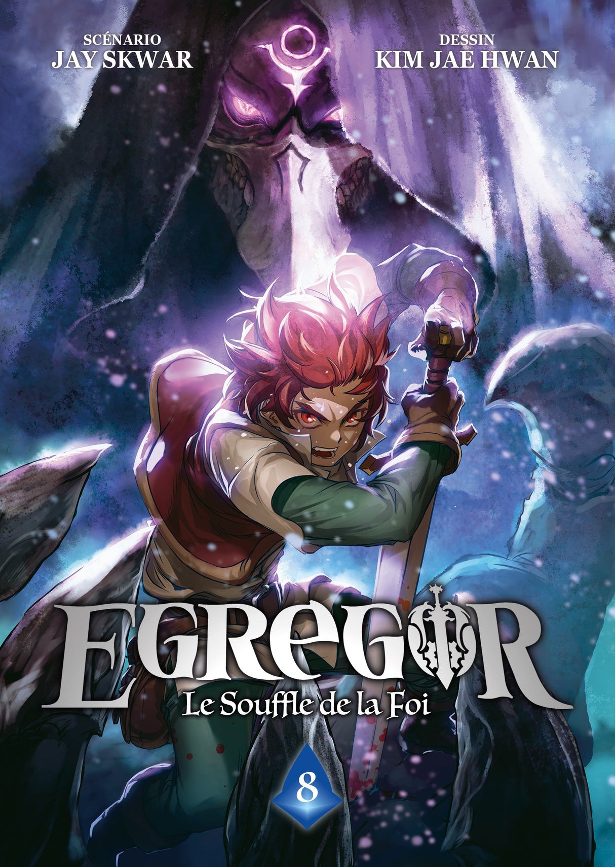 manga Egregor – Le Souffle de la Foi, mettant en scène un jeune héros déterminé entouré de mystérieux ennemis au design sombre et fantastique.