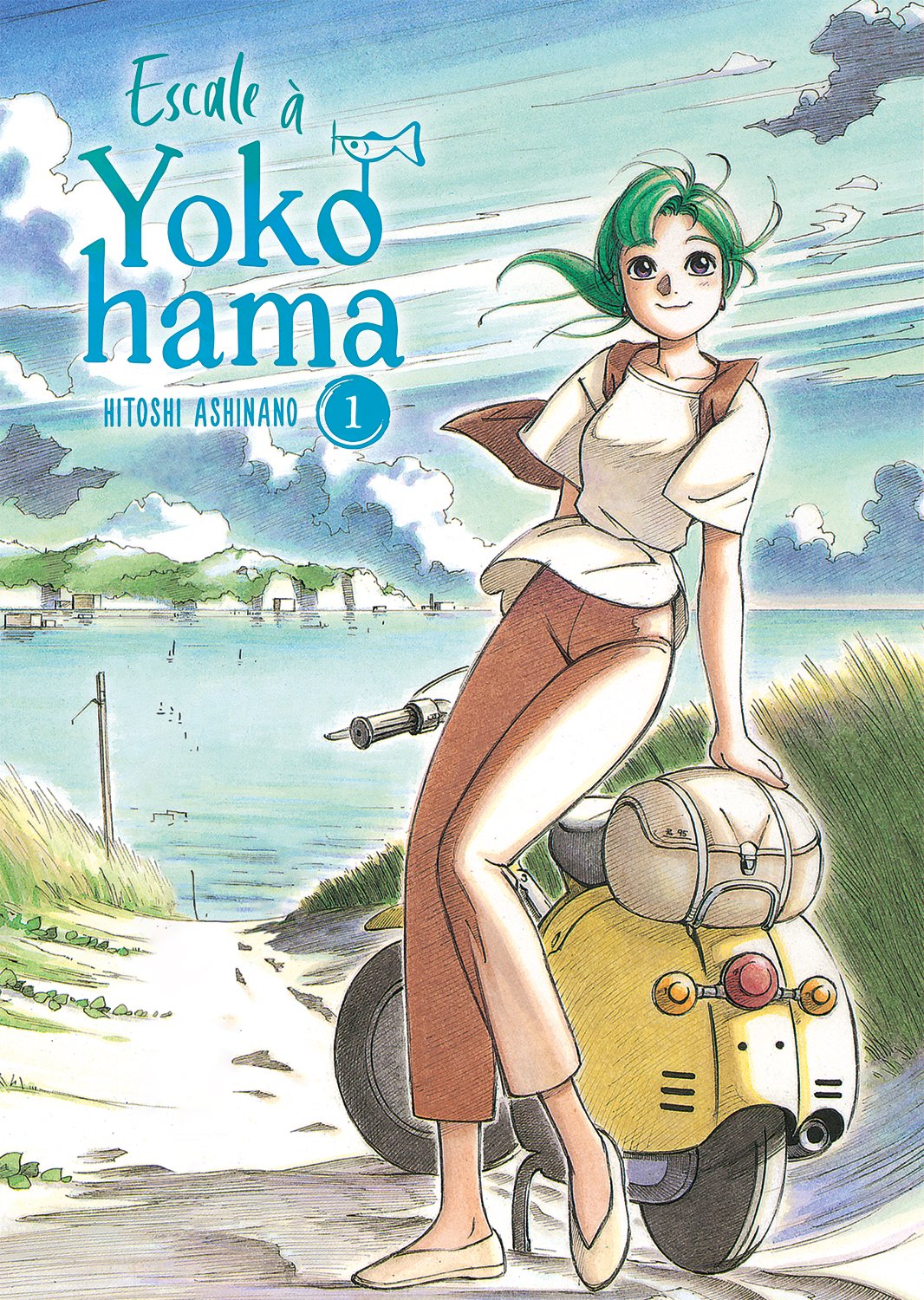 manga Escale à Yokohama, mettant en scène Alpha, une jeune femme aux cheveux verts, devant un paysage côtier paisible, avec son scooter.