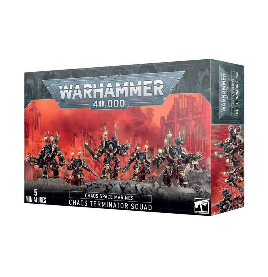 Boîte de figurines Terminators du Chaos pour Warhammer 40K, avec 5 miniatures imposantes et suréquipées.