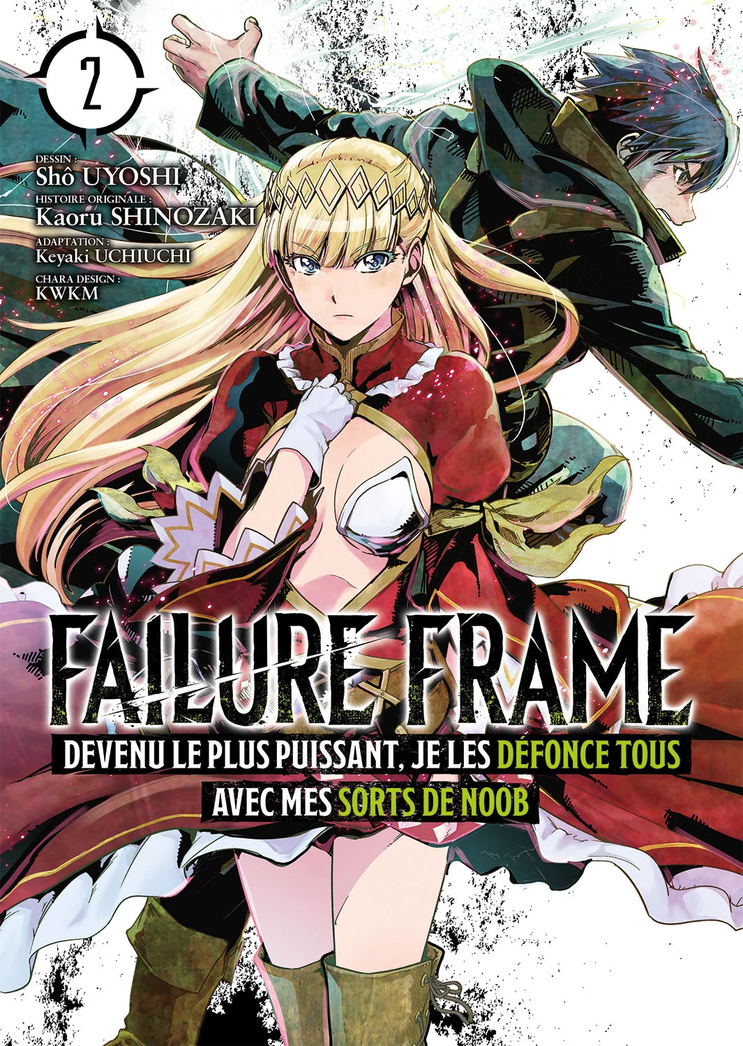manga Failure Frame tome 2, montrant une guerrière blonde en armure rouge et un héros sombre prêt à attaquer.