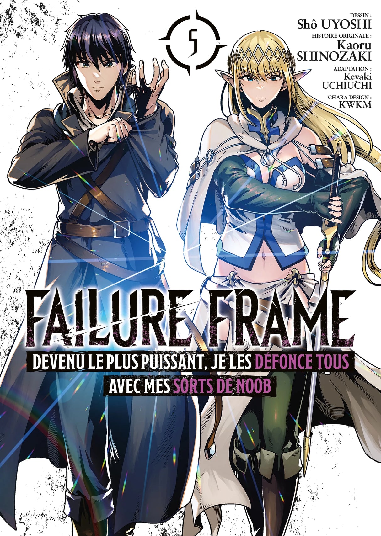 manga Failure Frame tome 5, montrant le héros en manteau noir prêt à lancer un sort et une elfe guerrière blonde tenant une épée.