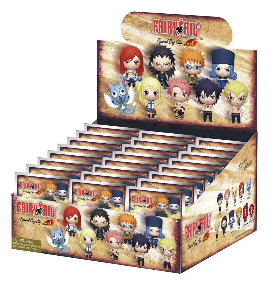 Présentoir Fairy Tail Figural Bag Clip Series 1 avec sachets surprises de porte-clés 3D représentant plusieurs personnages de l’anime.