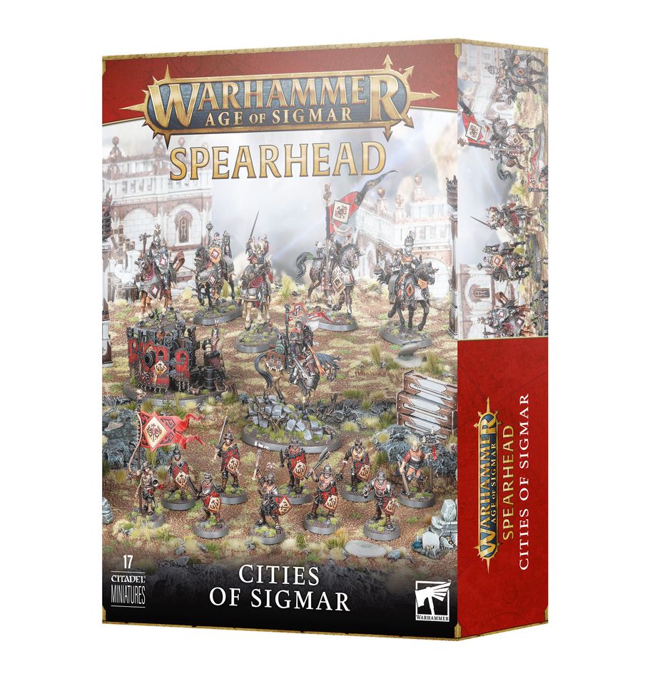 Boîte Warhammer Age of Sigmar Spearhead Cities of Sigmar avec 17 figurines : infanterie, cavaliers, héros et artillerie aux couleurs impériales