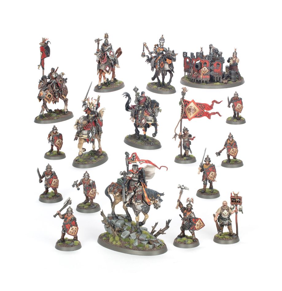 Boîte Warhammer Age of Sigmar Spearhead Cities of Sigmar avec 17 figurines : infanterie, cavaliers, héros et artillerie aux couleurs impériales