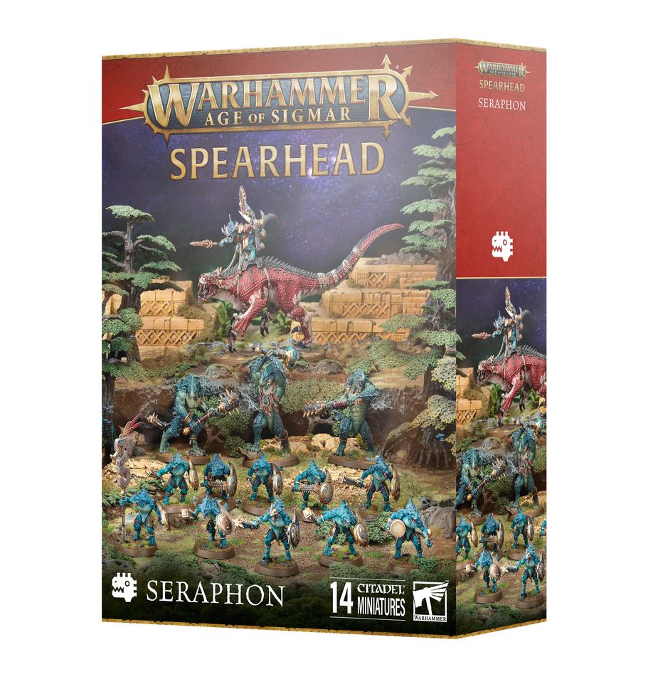 Boîte Warhammer Age of Sigmar Spearhead Seraphon avec 14 figurines dont Saurus Warriors, monstres et leader monté
