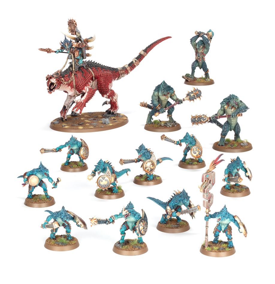 Boîte Warhammer Age of Sigmar Spearhead Seraphon avec 14 figurines dont Saurus Warriors, monstres et leader monté