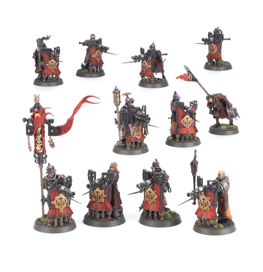 Boîte de figurines Warhammer Age of Sigmar – Freeguild Fusiliers des Cities of Sigmar, unité de tir composée de 11 soldats en armure armés de fusils longs.