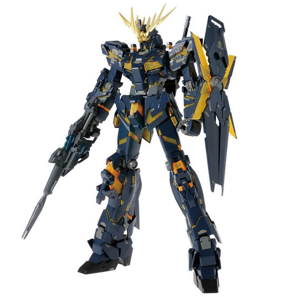 Gunpla MG 1/100 Unicorn Gundam 02 Banshee Ver.Ka bleu nuit et or, modèle transformable Bandai avec Psycho-Frame ambré.