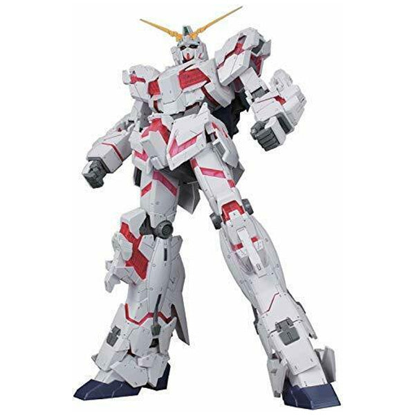 Maquette Gundam Mega Size 1/48 Unicorn Destroy Mode – modèle géant blanc avec marquages roses, cornes dorées et pose imposante