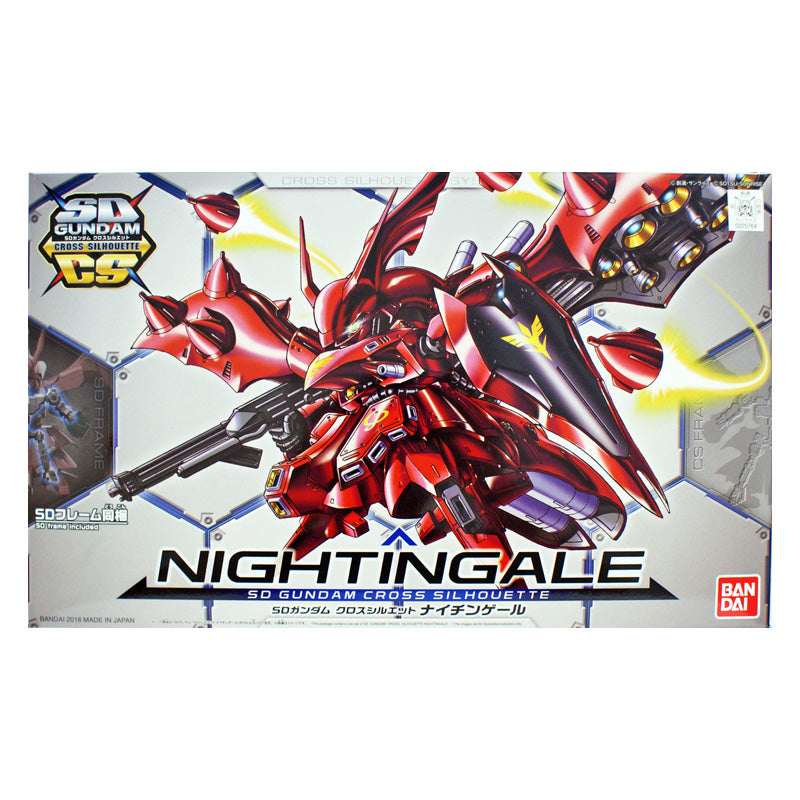 Gunpla SD Cross Silhouette MSN-04II Nightingale rouge, modèle stylisé avec grandes ailes et fusil, kit Bandai.