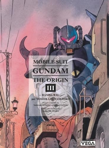 Mobile Suit Gundam The Origin tome 3, illustrant un Gouf de Zeon dominant un convoi sous un ciel crépusculaire, dans un style rétro détaillé.