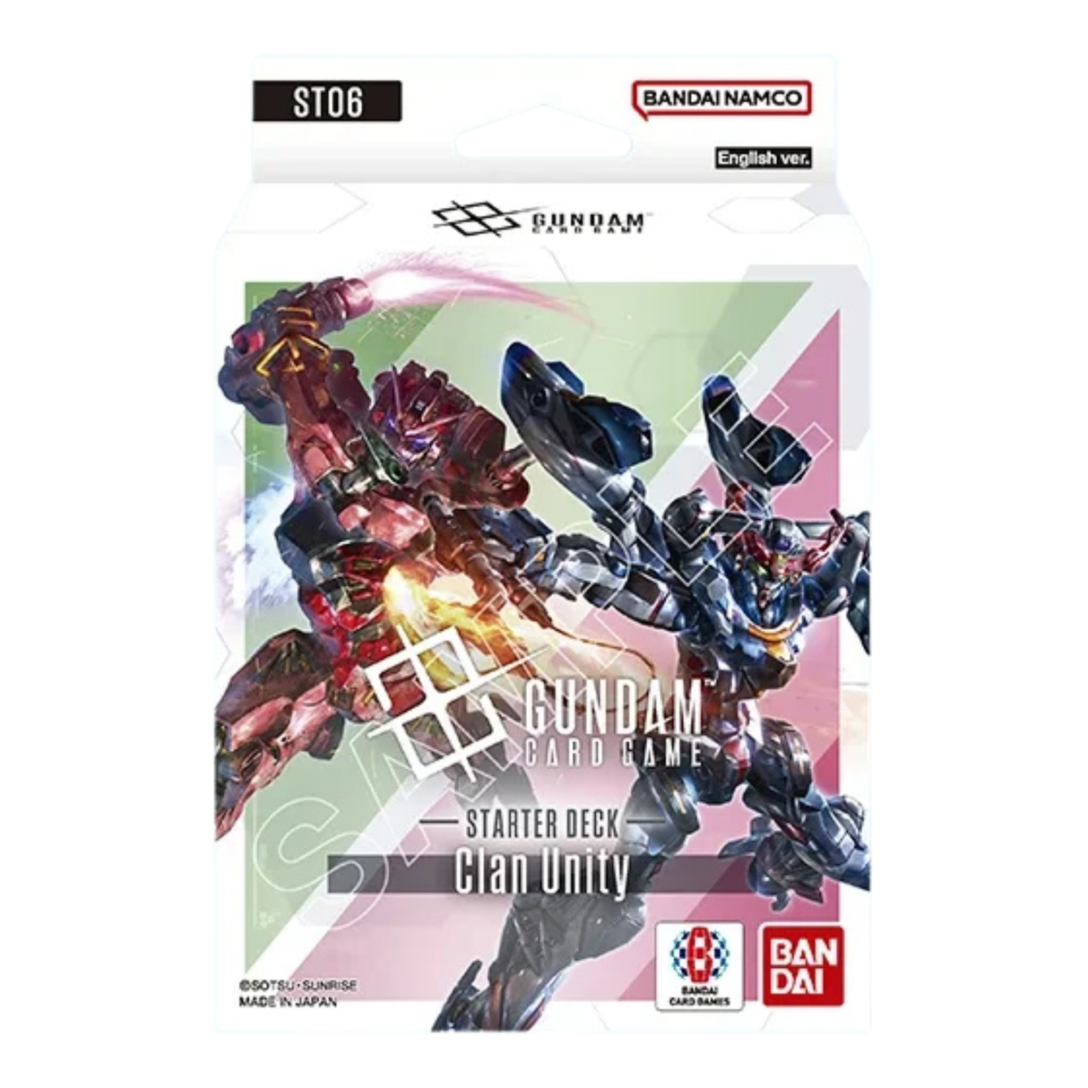 Starter Deck Gundam ST06 Clan Unity en version anglaise – visuel de la boîte représentant deux Mobile Suits en combat dynamique. Produit officiel Bandai Namco.