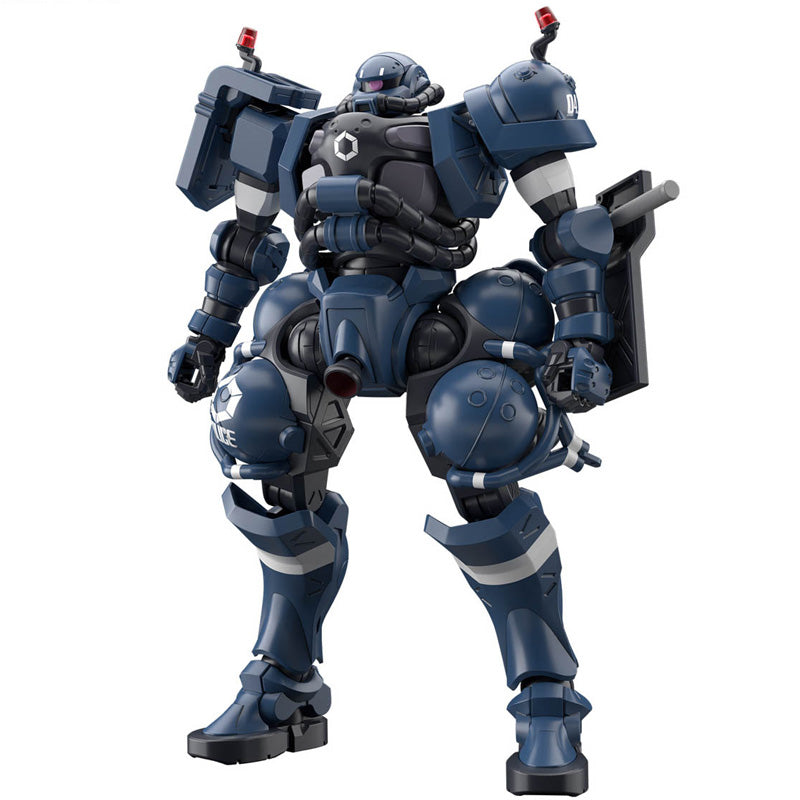 Maquette Gunpla HG 1/144 Police Zaku bleu foncé avec armure massive, marquages police et accessoires, sur fond blanc.