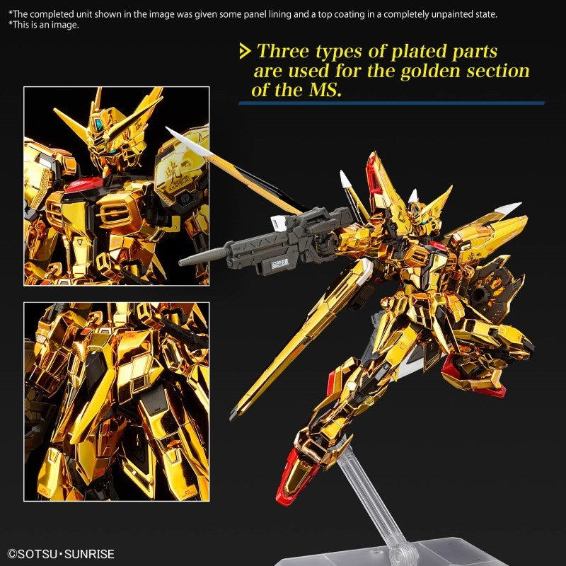 Maquette Gunpla RG 1/144 Akatsuki Gundam Oowashi Unit dorée avec fusil, bouclier et ailes, sur fond blanc.