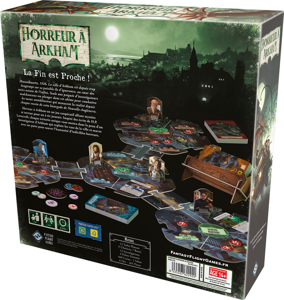 Boîte du jeu de société Horreur à Arkham V3 de Fantasy Flight Games, illustrant des investigateurs fuyant en voiture des créatures tentaculaires dans une ville sombre, sous une lumière verte surnaturelle.