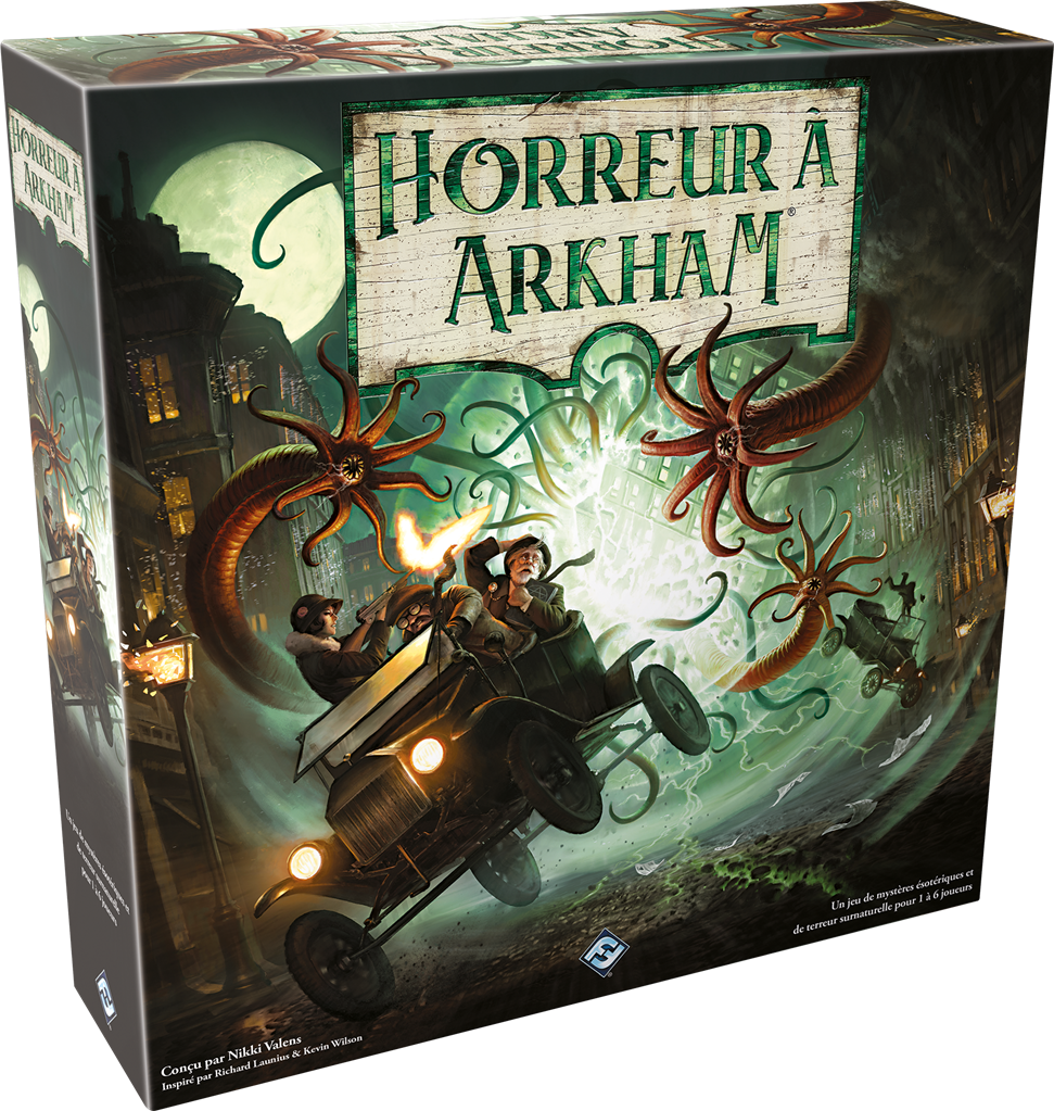 Boîte du jeu de société Horreur à Arkham V3 de Fantasy Flight Games, illustrant des investigateurs fuyant en voiture des créatures tentaculaires dans une ville sombre, sous une lumière verte surnaturelle.