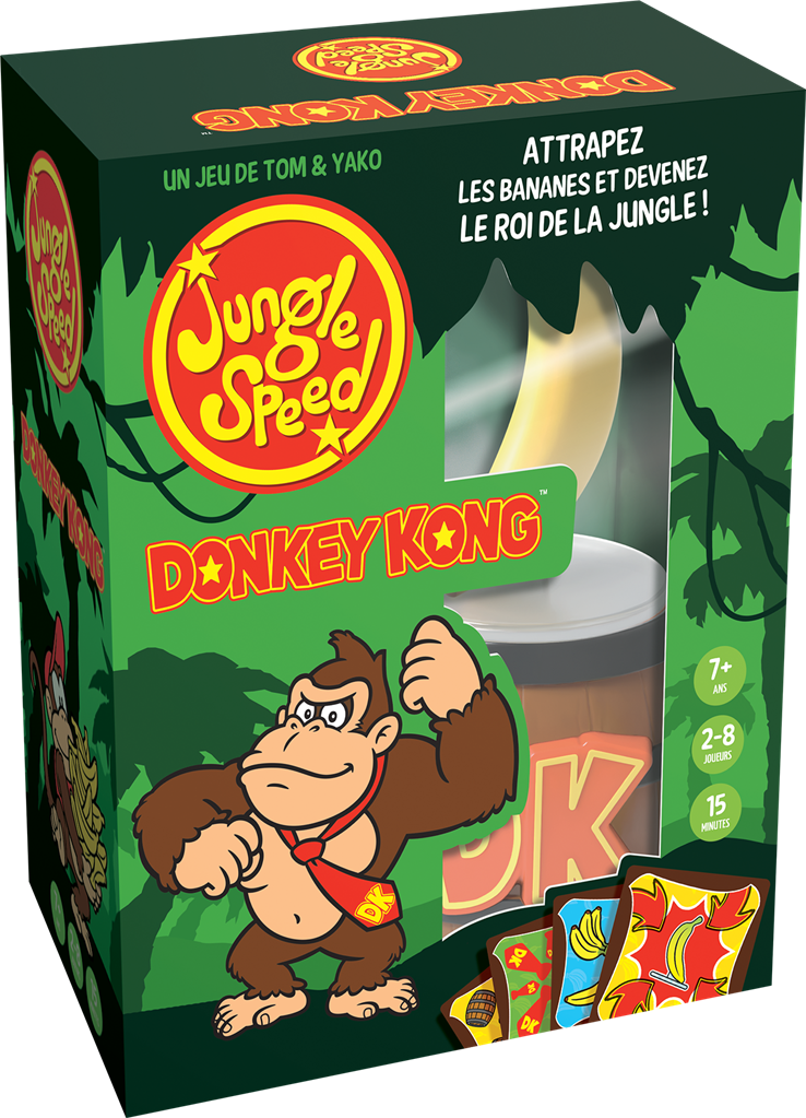 Boîte du jeu Jungle Speed Donkey Kong avec Donkey Kong, un totem banane et des cartes colorées sur fond de jungle.